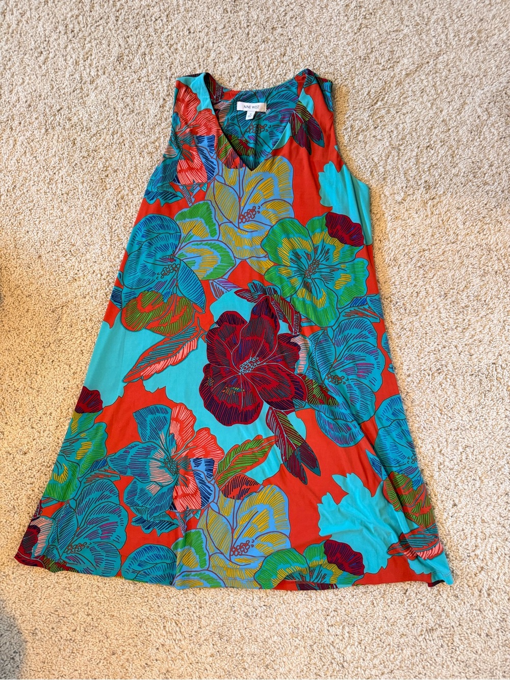 Nine West Vibrant Floral V-Neck Sleeveless Dress - Red & Turquoise